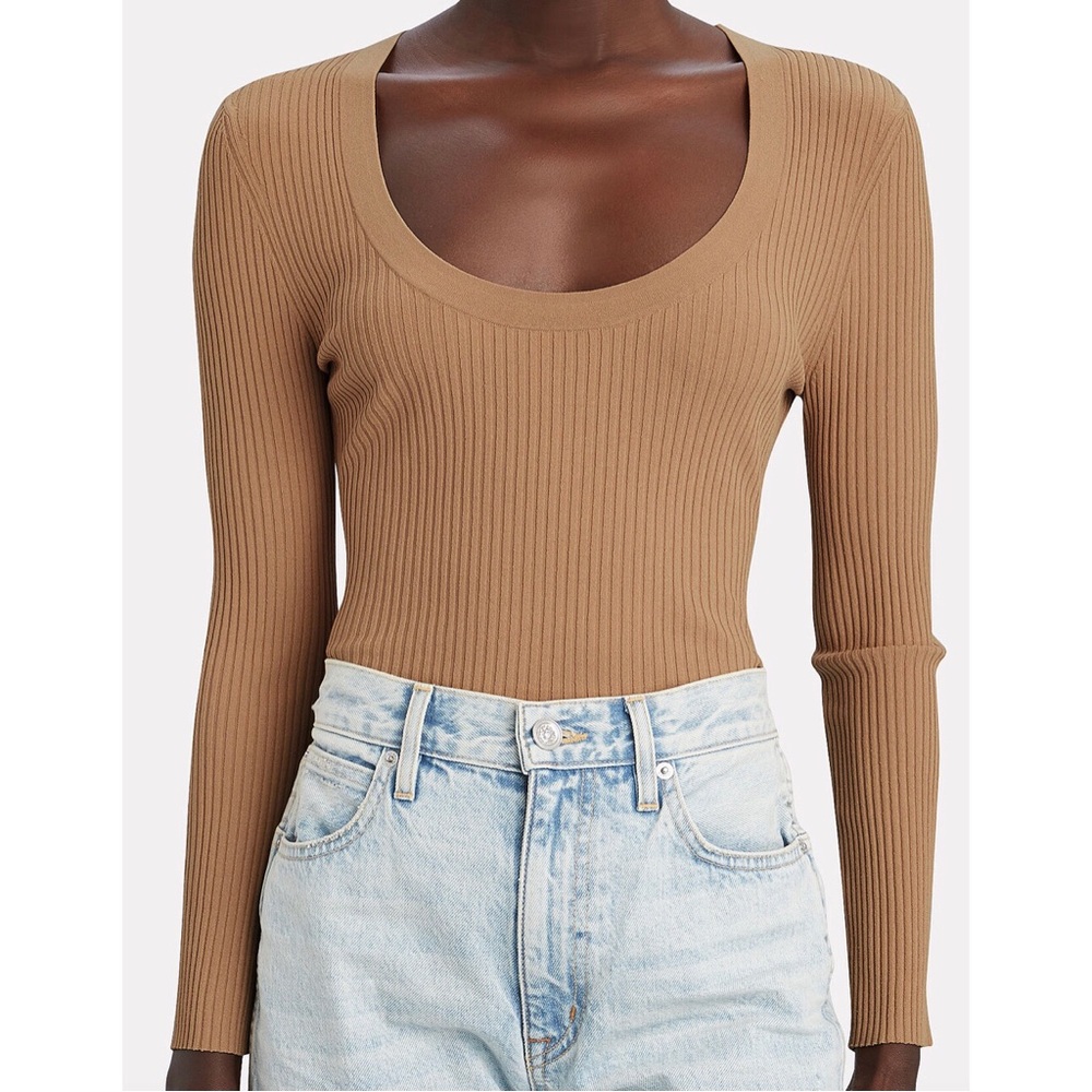A.L.C. Declan Scoop Neck Rib Knit Beige Long Sleeve Top